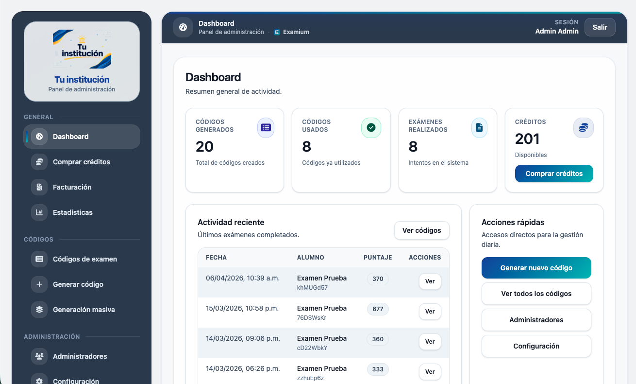 Panel administrativo de Examium (ejemplo con marca blanca y logo de tu institución)