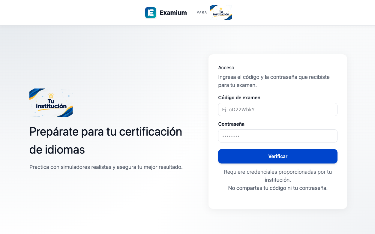 Pantalla inicial de acceso al examen (ejemplo con marca blanca y logo de tu institución)