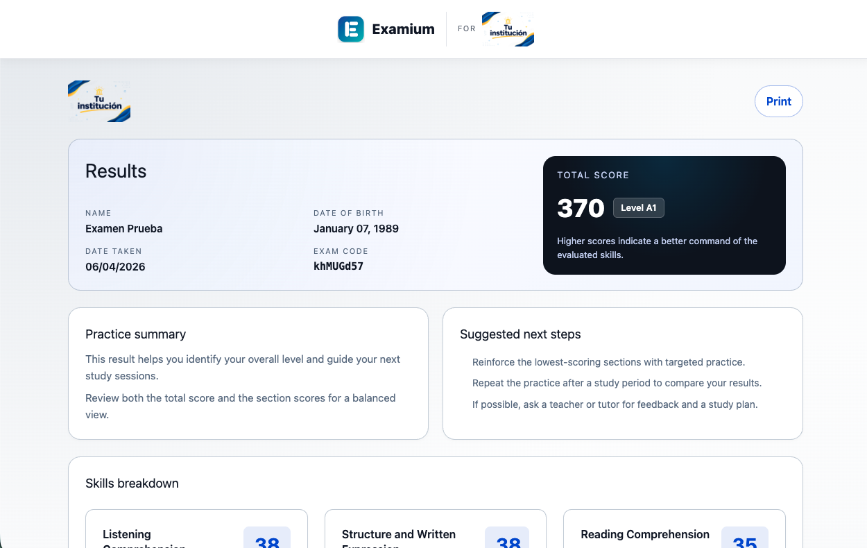 Reporte de resultados del examen (ejemplo con marca blanca y logo de tu institución)